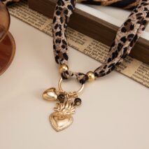 Tiger Eye Stone Heart Pendant Leopard Print Chiffon Choker Necklace - ArtGalleryZen
