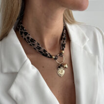 Tiger Eye Stone Heart Pendant Leopard Print Chiffon Choker Necklace - ArtGalleryZen