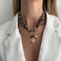 Tiger Eye Stone Heart Pendant Leopard Print Chiffon Choker Necklace - ArtGalleryZen