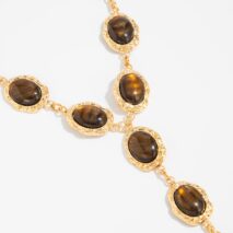 Tiger's Eye Oval Disk Y Necklace Vintage Gold Gemstone - ArtGalleryZen - ArtGalleryZen