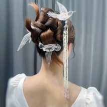 Transparent Lovebird Magpie Pearl Long Chain Tassel Hair Fork Hair Clip Set - ArtGalleryZen
