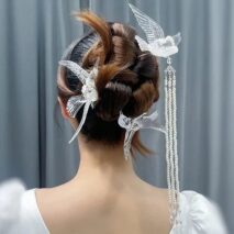 Transparent Lovebird Magpie Pearl Long Chain Tassel Hair Fork Hair Clip Set - ArtGalleryZen