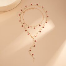 Trendy 2pcs Enamel Cherry Rhinestone Charm Y Necklace Set - ArtGalleryZen