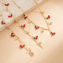 Trendy 2pcs Enamel Cherry Rhinestone Charm Y Necklace Set - ArtGalleryZen