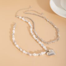 Trendy 2pcs Gold Silver Plated Heart Pendant Pearl Necklace Set - ArtGalleryZen