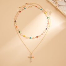 Trendy 2pcs Rhinestone Inlaid Cross Pendant Crystal Chain Necklace Set - ArtGalleryZen