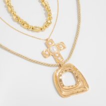 Trendy 3pcs Pearl Inlaid Cross Irregular Hoop Pendant Beaded Chain Necklace Set - ArtGalleryZen
