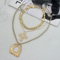 Trendy 3pcs Pearl Inlaid Cross Irregular Hoop Pendant Beaded Chain Necklace Set - ArtGalleryZen