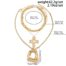 Trendy 3pcs Pearl Inlaid Cross Irregular Hoop Pendant Beaded Chain Necklace Set - ArtGalleryZen
