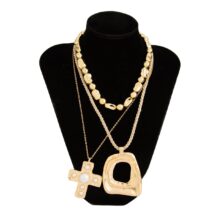 Trendy 3pcs Pearl Inlaid Cross Irregular Hoop Pendant Beaded Chain Necklace Set - ArtGalleryZen