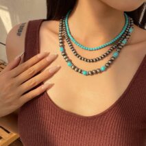Trendy 3pcs Turquoise Beaded Chain Necklace Set - ArtGalleryZen