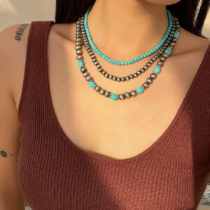Trendy 3pcs Turquoise Beaded Chain Necklace Set - ArtGalleryZen