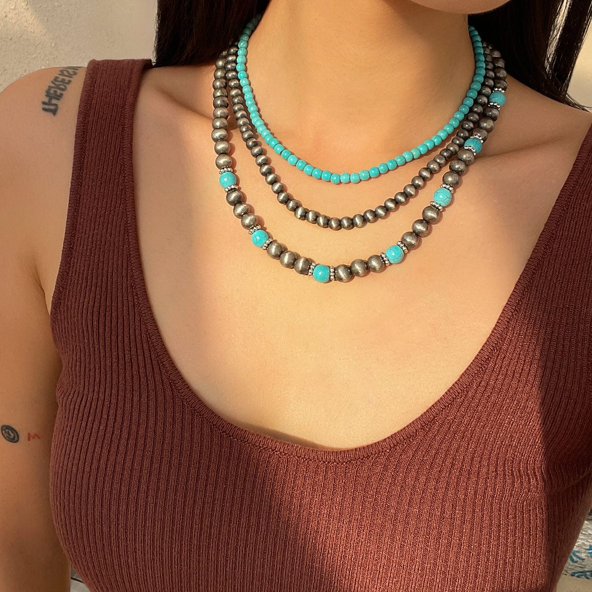 Trendy 3pcs Turquoise Beaded Chain Necklace Set - ArtGalleryZen