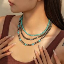 Trendy 3pcs Turquoise Beaded Chain Necklace Set - ArtGalleryZen