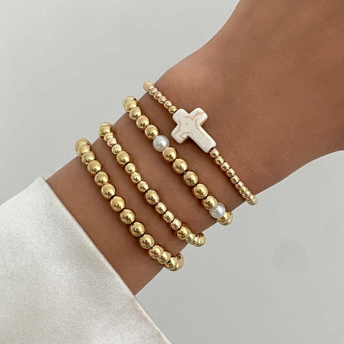 Trendy 4pcs Cross Charm Ball Chain Bracelet Set - ArtGalleryZen