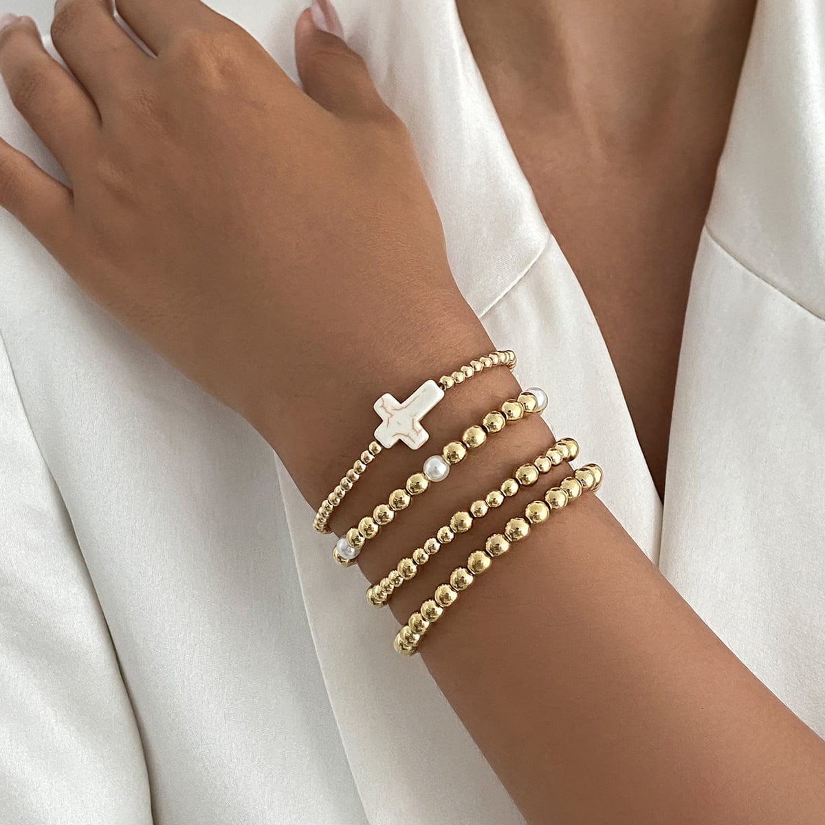 Trendy 4pcs Cross Charm Ball Chain Bracelet Set - ArtGalleryZen