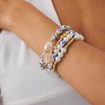 Trendy 4pcs Pattern Oval Cross Pendant Pearl Blue And White Porcelain Beaded Bracelet Set - ArtGalleryZen