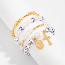 Trendy 4pcs Pattern Oval Cross Pendant Pearl Blue And White Porcelain Beaded Bracelet Set - ArtGalleryZen