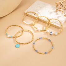 Trendy 6pcs Enamel Shell Charm Pearl Crystal Ceramic Beaded Bracelet Set - ArtGalleryZen
