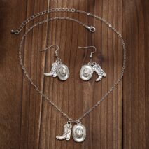 Trendy Cowboy Hat Boot Pendnat Necklace Earrings Set - ArtGalleryZen