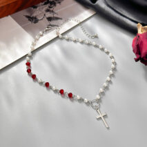 Trendy Cross Pendant Pearl Crystal Chain Necklace - ArtGalleryZen
