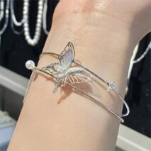 Trendy Crystal Inlaid Enamel Butterfly Pearl Charm Bangle Bracelet - ArtGalleryZen