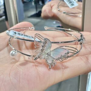 Trendy Crystal Inlaid Enamel Butterfly Pearl Charm Bangle Bracelet - ArtGalleryZen