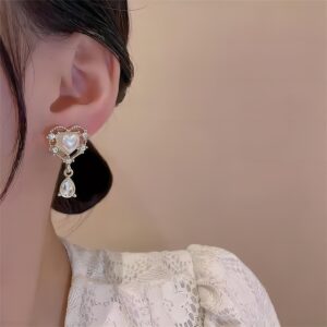Trendy Dangling Rhinestone CZ Inlaid Pearl Heart Earrings - ArtGalleryZen
