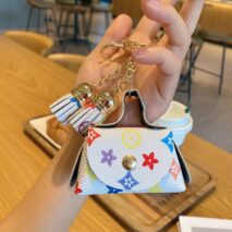 Trendy Flower Plaid Tassel Leather Coin Purse Mini Keychain Bag - ArtGalleryZen