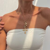 Trendy Gold Plated Rhinestone Inlaid Cross Tassel Necklace - ArtGalleryZen