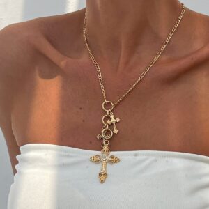 Trendy Gold Plated Rhinestone Inlaid Cross Tassel Necklace - ArtGalleryZen