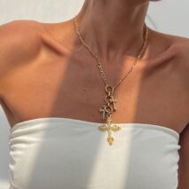 Trendy Gold Plated Rhinestone Inlaid Cross Tassel Necklace - ArtGalleryZen