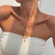 Trendy Gold Plated Rhinestone Inlaid Cross Tassel Necklace - ArtGalleryZen