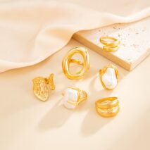 Trendy Gold Tone Irregular Pearl Hoop Waterdrop Ring Set - ArtGalleryZen