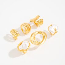 Trendy Gold Tone Irregular Pearl Hoop Waterdrop Ring Set - ArtGalleryZen