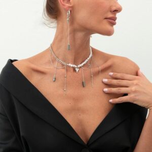 Trendy Heart Black Gallstone Tassel Pearl Curb Chain Necklace Earrings Set - ArtGalleryZen