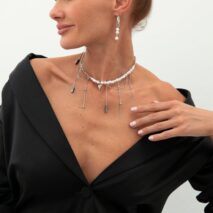 Trendy Heart Black Gallstone Tassel Pearl Curb Chain Necklace Earrings Set - ArtGalleryZen