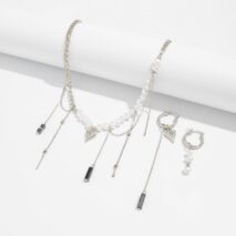 Trendy Heart Black Gallstone Tassel Pearl Curb Chain Necklace Earrings Set - ArtGalleryZen