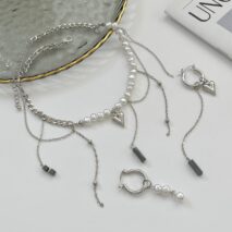 Trendy Heart Black Gallstone Tassel Pearl Curb Chain Necklace Earrings Set - ArtGalleryZen