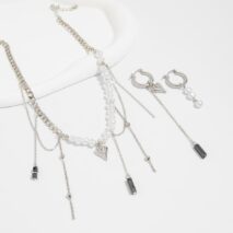 Trendy Heart Black Gallstone Tassel Pearl Curb Chain Necklace Earrings Set - ArtGalleryZen