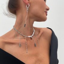 Trendy Heart Black Gallstone Tassel Pearl Curb Chain Necklace Earrings Set - ArtGalleryZen