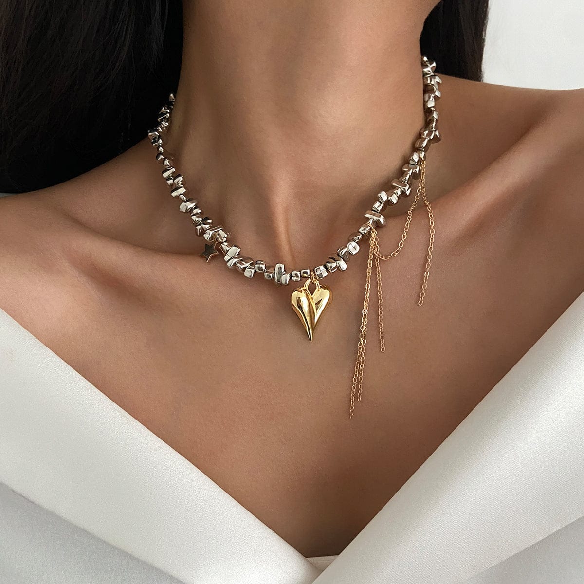 Trendy Heart Pendant Irregular Beaded Tassel Chain Necklace - ArtGalleryZen