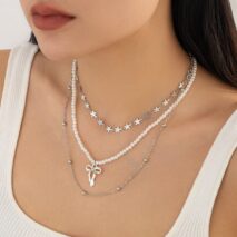 Trendy Layered Bowknot Charm Star Pearl Chain Necklace Set - ArtGalleryZen