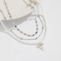 Trendy Layered Bowknot Charm Star Pearl Chain Necklace Set - ArtGalleryZen