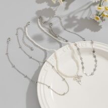 Trendy Layered Bowknot Charm Star Pearl Chain Necklace Set - ArtGalleryZen