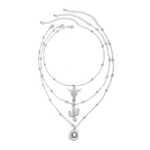 Trendy Layered Bull Cactus Cowboy Hat Pendant Necklace Set - ArtGalleryZen