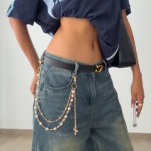 Trendy Layered Cross Pendant Flower Rhinestone Pearl Trouser Chain - ArtGalleryZen