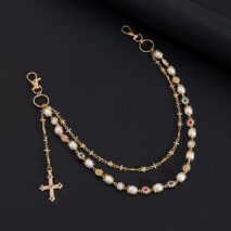 Trendy Layered Cross Pendant Flower Rhinestone Pearl Trouser Chain - ArtGalleryZen