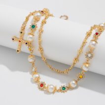 Trendy Layered Cross Pendant Flower Rhinestone Pearl Trouser Chain - ArtGalleryZen