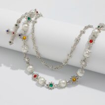 Trendy Layered Cross Pendant Flower Rhinestone Pearl Trouser Chain - ArtGalleryZen